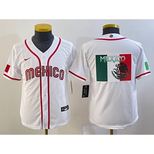 68632ed8dbe55_1 Youth Mexico Baseball 2023 White Big Logo World Baseball Classic Stitched Jersey
