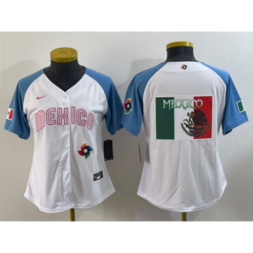 68632eddcb4c9_1 Youth Mexico Baseball 2023 White Blue Big Logo World Baseball Classic With Patch Stitched Jersey