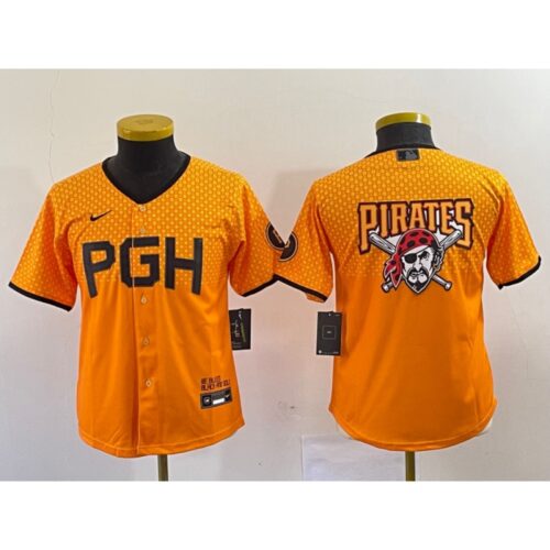 68632f981a57d_1 Youth Pittsburgh Pirates Gold 2023 City Connect Team Big Logo Stitched Jersey