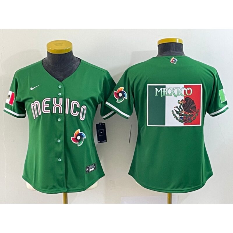 686330607dadc_1 Women's Mexico Baseball 2023 Green Big Logo World Baseball Classic Stitched Jersey(Run Small)