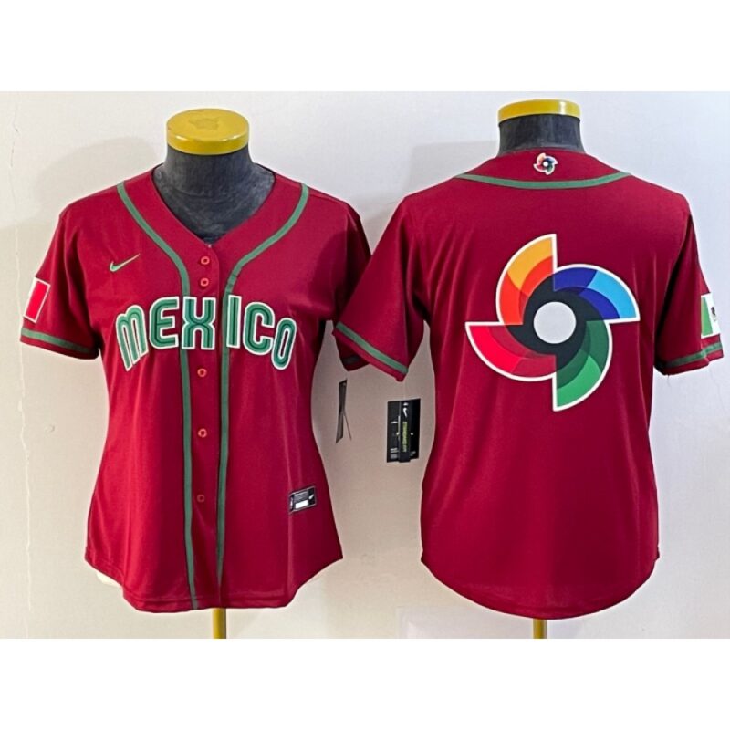 6863306cdfdc3_1 Women's Mexico Baseball 2023 Red Big Logo World Baseball Classic Stitched Jersey(Run Small)