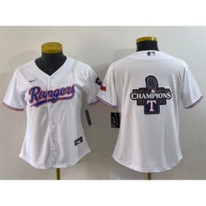 686330a222bbe_1 Women's Texas Rangers White 2023 World Series Champions Big Logo With Patch Stitched Baseball Jersey(Run Small)