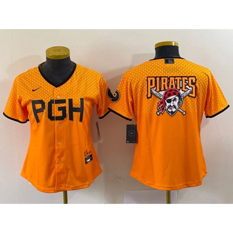 6863313e5dd92_1 Women's Pittsburgh Pirates Gold 2023 City Connect Team Big Logo Stitched Jersey