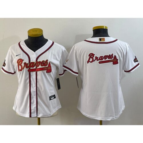 68633339ad96d_1 Women's Atlanta Braves Team Big Logo 2022 White Gold World Series Champions Program Stitched Jersey(Run Small)