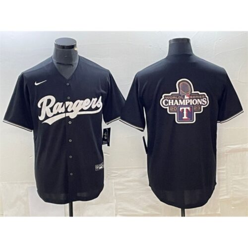 686334634162e_1 Men's Texas Rangers Black 2023 World Series Champions Big Logo Cool Base Stitched Baseball Jersey