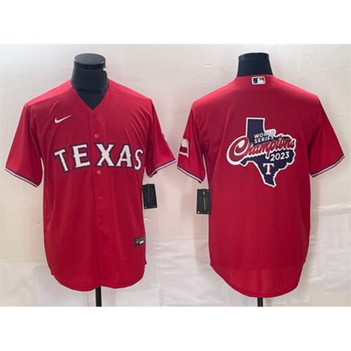 6863349826c39_1 Men's Texas Rangers Red 2023 World Series Champions Big Logo With Patch Cool Base Stitched Baseball Jersey