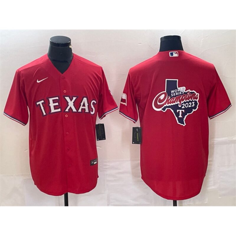 6863349826c39_1 Men's Texas Rangers Red 2023 World Series Champions Big Logo With Patch Cool Base Stitched Baseball Jersey