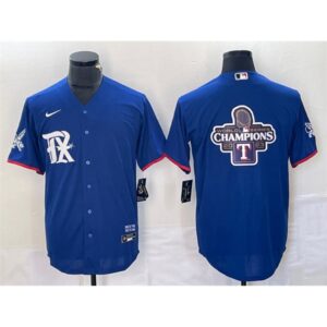 686334a209c2a_1 Men's Texas Rangers Royal 2023 World Series Champions Big Logo Cool Base Stitched Baseball Jersey