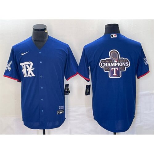 686334a209c2a_1 Men's Texas Rangers Royal 2023 World Series Champions Big Logo Cool Base Stitched Baseball Jersey