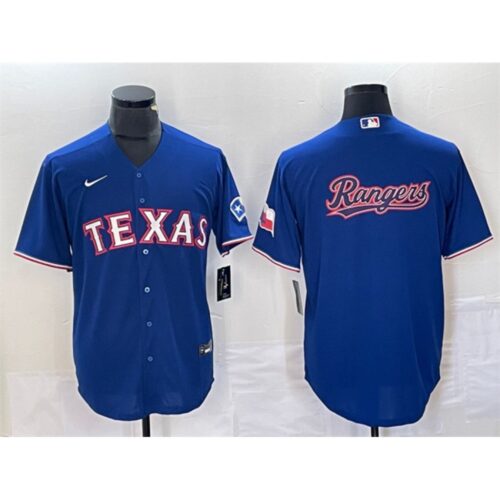 686334ae7c768_1 Men's Texas Rangers Royal Team Big Logo With Patch Cool Base Stitched Baseball Jersey