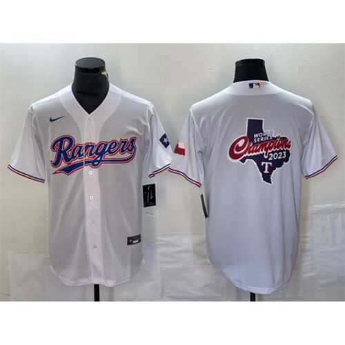 686334c226840_1 Men's Texas Rangers White 2023 World Series Champions Big Logo With Patch Cool Base Stitched Baseball Jersey