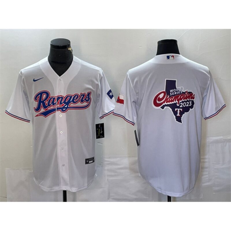 686334c226840_1 Men's Texas Rangers White 2023 World Series Champions Big Logo With Patch Cool Base Stitched Baseball Jersey