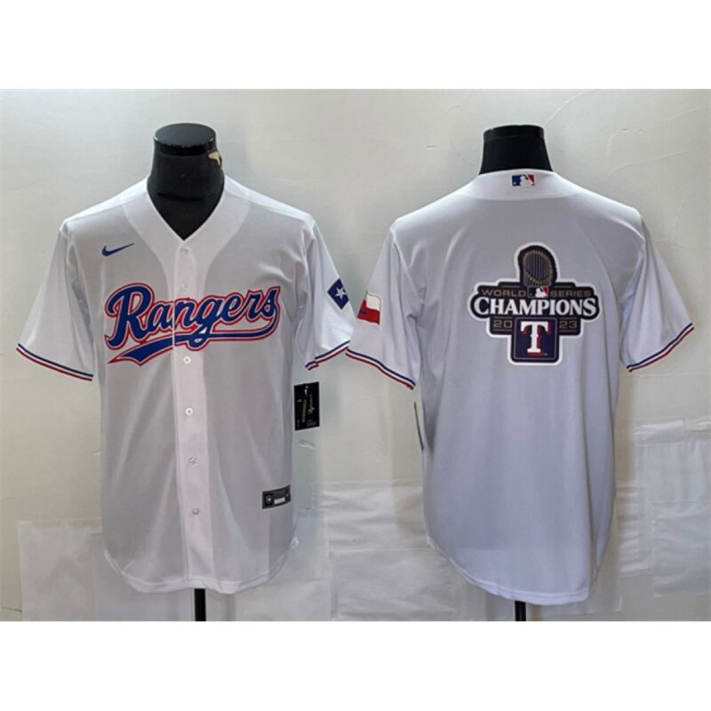 686334c49574f_1 Men's Texas Rangers White 2023 World Series Champions Big Logo With Patch Cool Base Stitched Baseball Jersey
