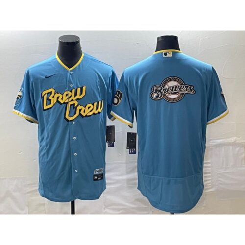 6863387947296_1 Men's Milwaukee Brewers Powder Blue Team Big Logo City Connect Flex Base Stitched Jersey