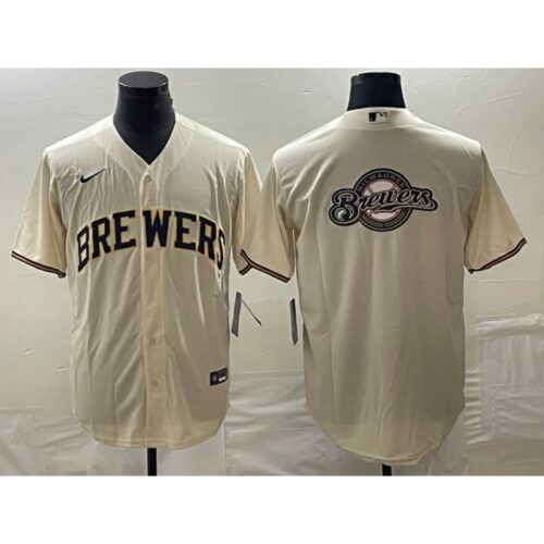 6863388378441_1 Men's Milwaukee Brewers Cream Team Big Logo Cool Base Stitched Jersey