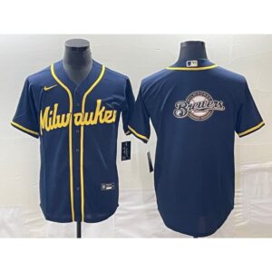 6863389ca6ed2_1 Men's Milwaukee Brewers Navy Team Big Logo Cool Base Stitched Jersey