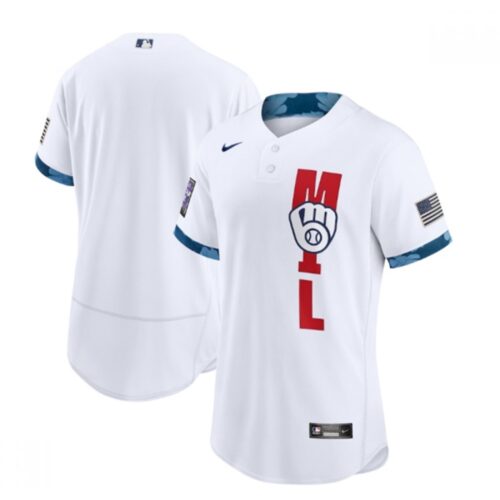 686338a67e05f_1 Men's Milwaukee Brewers Blank 2021 White All-Star Flex Base Stitched MLB Jersey