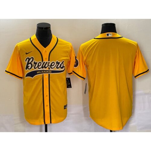 686338b293a3b_1 Men's Milwaukee Brewers Blank Yellow Cool Base Stitched Jersey