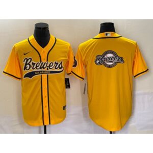 686338b535031_1 Men's Milwaukee Brewers Yellow Team Big Logo Cool Base Stitched Jersey