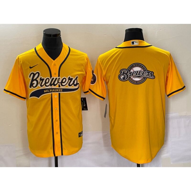 686338b535031_1 Men's Milwaukee Brewers Yellow Team Big Logo Cool Base Stitched Jersey