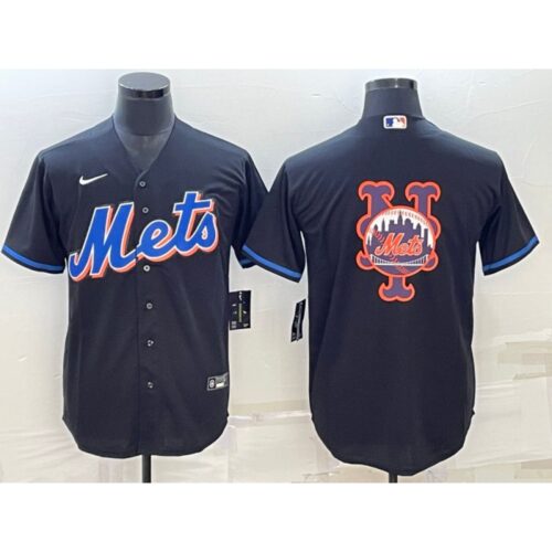 686338e2b9a49_1 Men's New York Mets Black Team Big Logo Cool Base Stitched Baseball Jersey