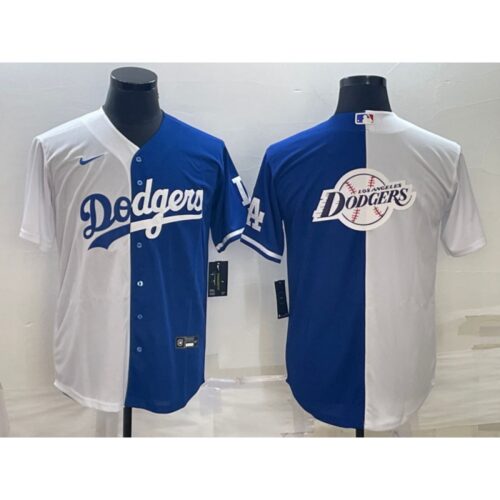 686339e785de5_1 Men's Los Angeles Dodgers White Blue Split Team Big Logo Cool Base Stitched Baseball Jersey