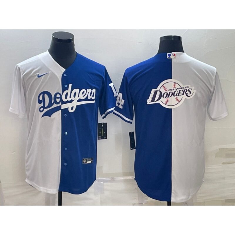 686339e785de5_1 Men's Los Angeles Dodgers White Blue Split Team Big Logo Cool Base Stitched Baseball Jersey