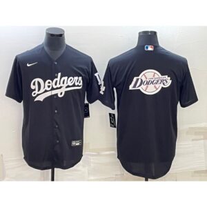 68633a5707c3b_1 Men's Los Angeles Dodgers Black Team Big Logo Cool Base Stitched Baseball Jersey