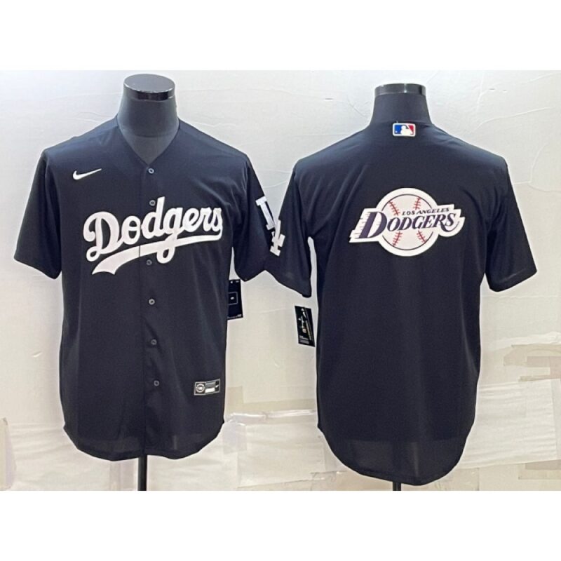 68633a5707c3b_1 Men's Los Angeles Dodgers Black Team Big Logo Cool Base Stitched Baseball Jersey