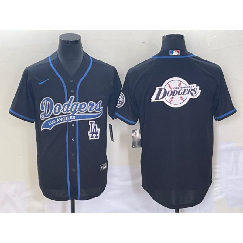 68633a5c0b56c_1 Men's Los Angeles Dodgers Black Team Big Logo With Patch Cool Base Stitched Baseball Jersey