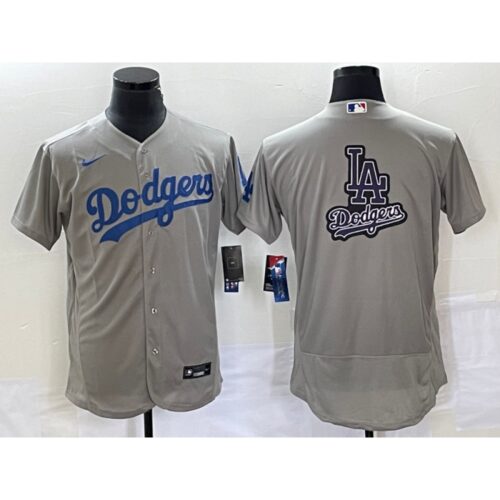 68633a98688ef_1 Men's Los Angeles Dodgers Grey Team Big Logo Flex Base Stitched Baseball Jersey