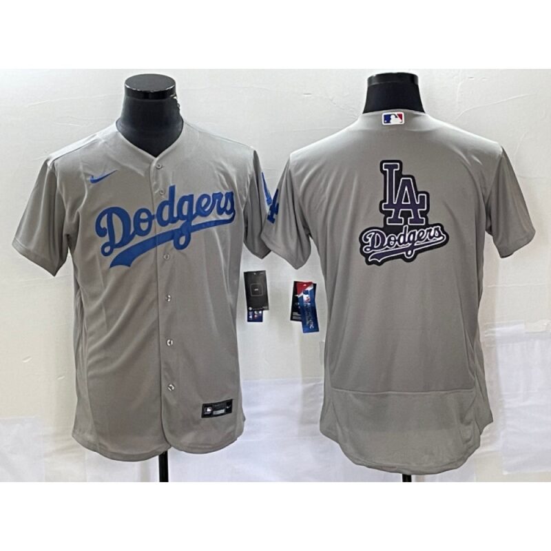 68633a98688ef_1 Men's Los Angeles Dodgers Grey Team Big Logo Flex Base Stitched Baseball Jersey