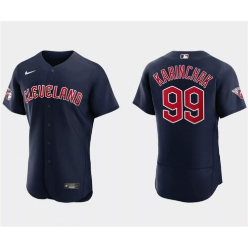 686342633d301_1 Men's Cleveland Guardians #99 James Karinchak Navy Flex Base Stitched Jersey