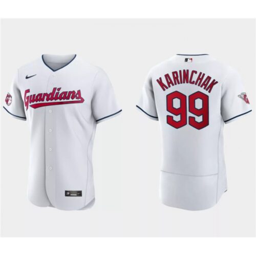 6863426c1bc30_1 Men's Cleveland Guardians #99 James Karinchak White Flex Base Stitched Jersey