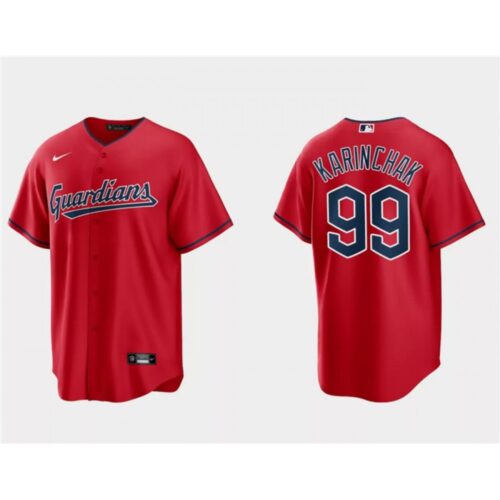 68634271f195f_1 Men's Cleveland Guardians #99 James Karinchak Red Cool Base Stitched Jersey