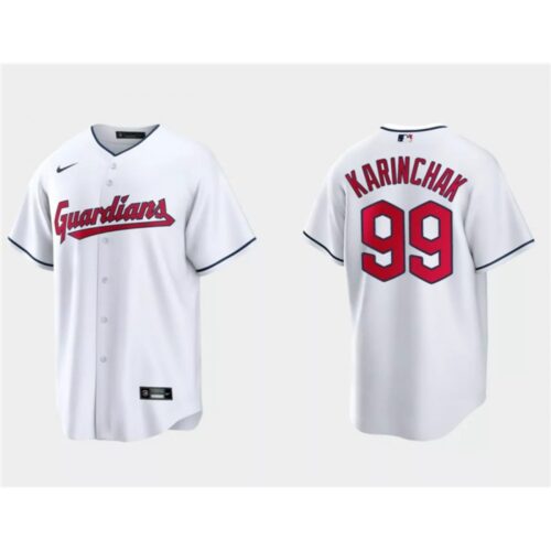 68634274e82d9_1 Men's Cleveland Guardians #99 James Karinchak White Cool Base Stitched Jersey
