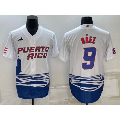 6863449aae7bb_1 Men's Puerto Rico Baseball #9 Javier Baez 2023 White World Baseball Classic Stitched Jersey