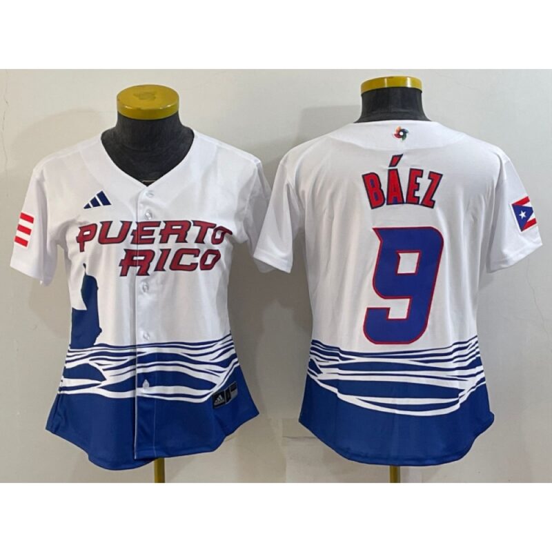 686344a0e83ea_1 Women's Puerto Rico Baseball #9 Javier Baez 2023 White World Baseball Classic Stitched Jersey(Run Small)