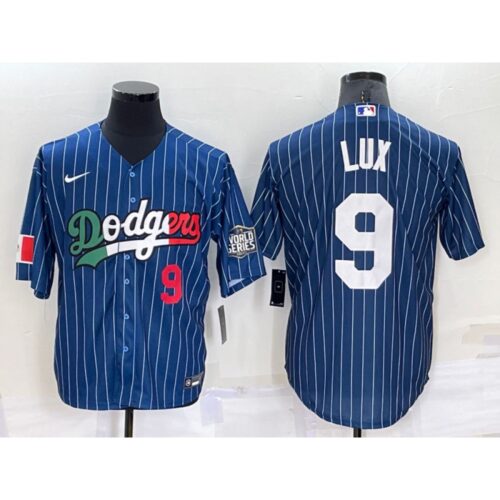 686344d57bccd_1 Men's Los Angeles Dodgers #9 Gavin Lux Navy Mexico World Series Cool Base Stitched Baseball Jersey