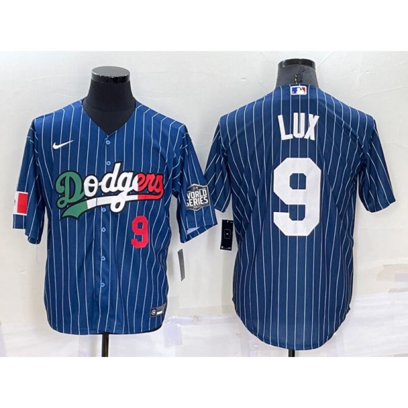 686344d57bccd_1 Men's Los Angeles Dodgers #9 Gavin Lux Navy Mexico World Series Cool Base Stitched Baseball Jersey