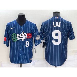 686344d86ab7f_1 Men's Los Angeles Dodgers #9 Gavin Lux Navy Mexico World Series Cool Base Stitched Baseball Jersey