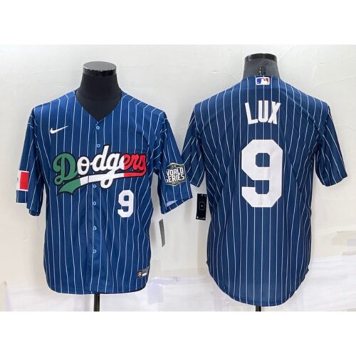 686344d86ab7f_1 Men's Los Angeles Dodgers #9 Gavin Lux Navy Mexico World Series Cool Base Stitched Baseball Jersey