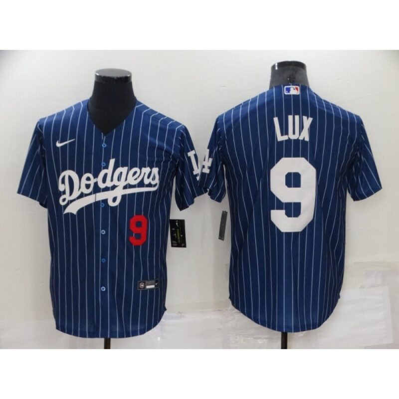 686344e486ee9_1 Men's Los Angeles Dodgers #9 Gavin Lux Navy Cool Base Stitched Jersey
