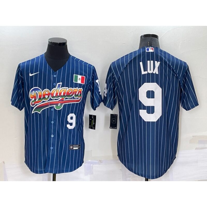686344e79e4bc_1 Men's Los Angeles Dodgers #9 Gavin Lux Navy Mexico Rainbow Cool Base Stitched Baseball Jersey