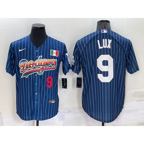 686344ead5216_1 Men's Los Angeles Dodgers #9 Gavin Lux Navy Mexico Rainbow Cool Base Stitched Baseball Jersey