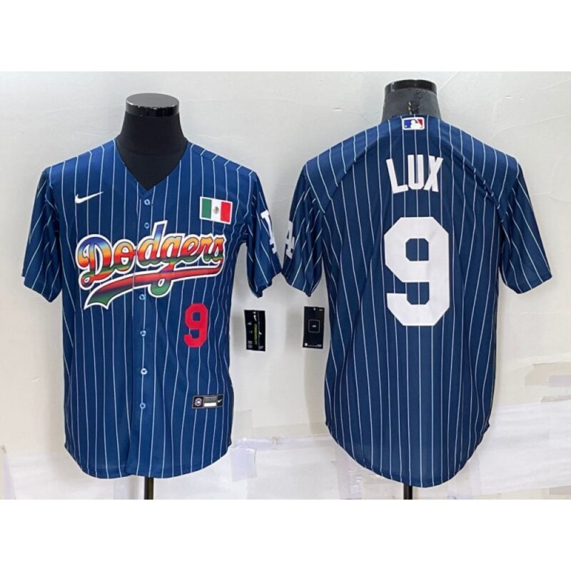 686344ead5216_1 Men's Los Angeles Dodgers #9 Gavin Lux Navy Mexico Rainbow Cool Base Stitched Baseball Jersey