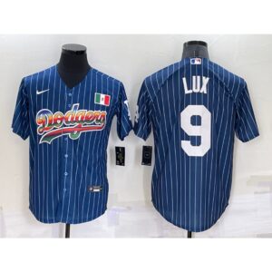 686344edf03d2_1 Men's Los Angeles Dodgers #9 Gavin Lux Navy Mexico Rainbow Cool Base Stitched Baseball Jersey