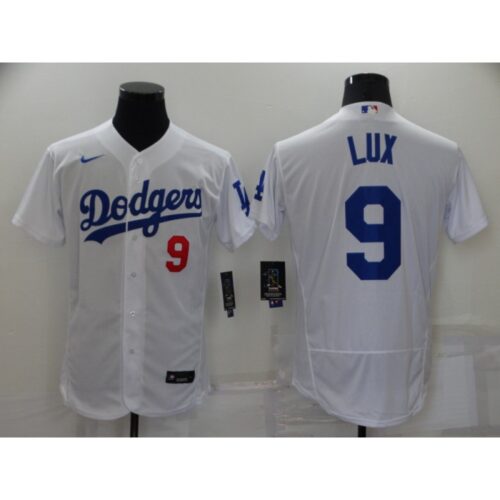 686344f43c952_1 Men's Los Angeles Dodgers #9 Gavin Lux White Flex Base Stitched Jersey
