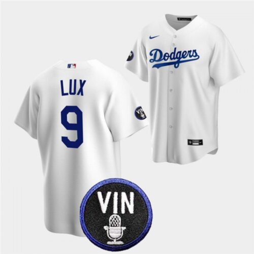 686344f760724_1 Men's Los Angeles Dodgers #9 Gavin Lux 2022 White Vin Scully Patch Cool Base Stitched Baseball Jersey