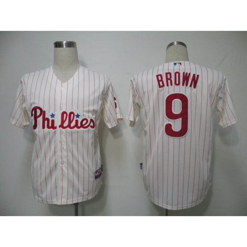 6863457fcb7e1_1 Phillies #9 Domoic Brown White Red Strip Stitched MLB Jersey